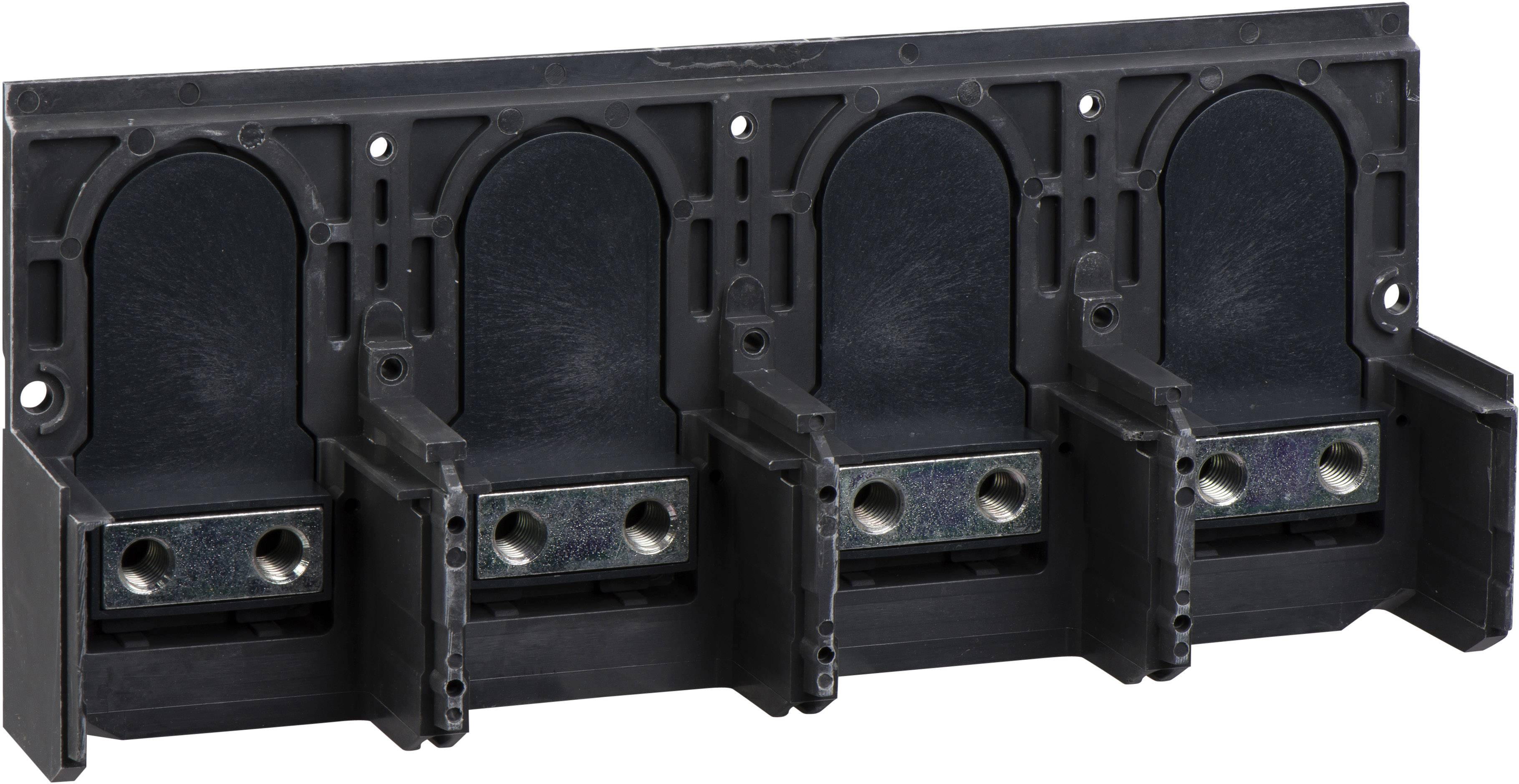 Un socle noir rectangulaire en plastique pour quatre supports, chacun pourvu de deux trous de vis en métal, destiné à la fixation de fusibles.