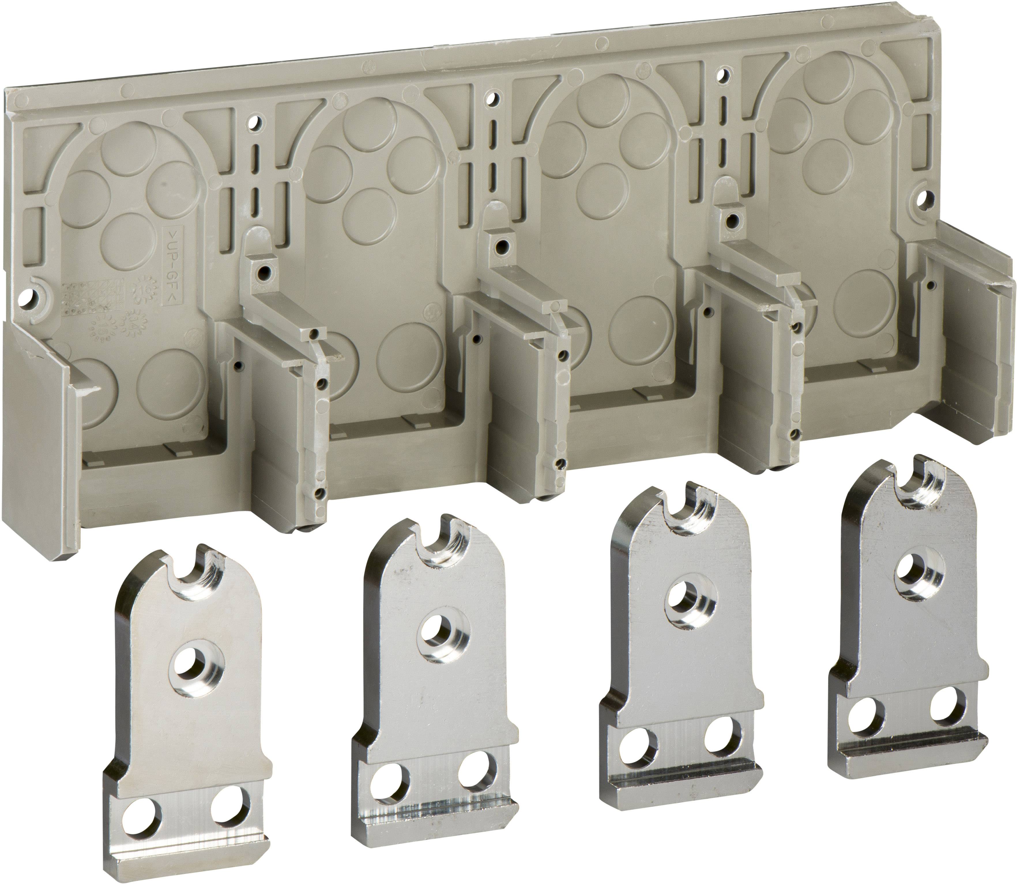 Un support beige avec quatre emplacements et quatre clips métalliques argentés qui sont montrés ci-dessous et qui s'adaptent dans le support.