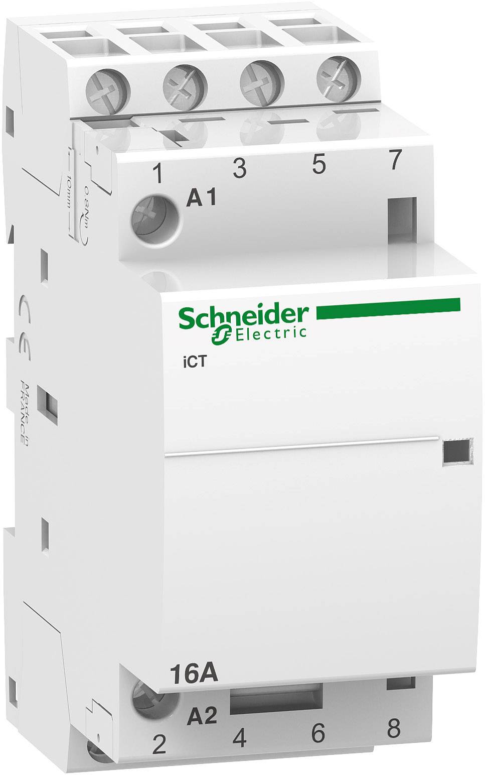 Un composant électrique blanc de Schneider Electric. Il porte les inscriptions 'iCT' et '16A'. Des bornes sont visibles en haut.
