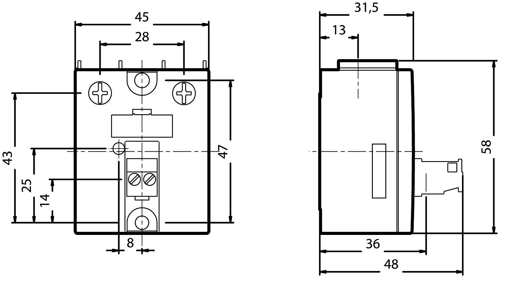 Dessin technique d'un composant électronique avec dimensions : largeur 48 mm, hauteur 58 mm, profondeur 36 mm. Les détails montrent les points de fixation et les broches.