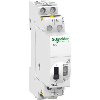 Un disjoncteur blanc et fin de la marque Schneider Electric, avec un levier pour basculer entre 'I' (Marche) et 'O' (Arrêt) de 16 ampères.