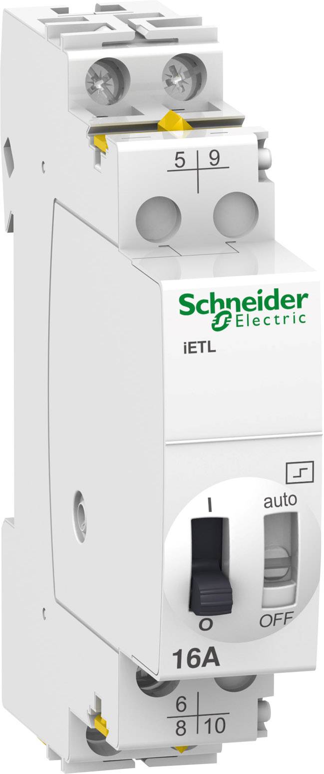 Un disjoncteur blanc de Schneider Electric avec interrupteur à bascule. Marqué '16A', avec les positions d'interrupteur 'I', 'auto', 'OFF'.