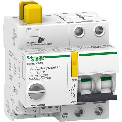 'Schneider Electric Reflex iC60N disjoncteur'. Un disjoncteur bipolaire avec un interrupteur jaune en haut et plusieurs bornes de connexion.