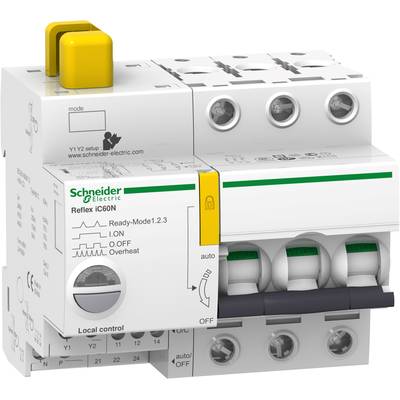 Le disjoncteur tripolaire Schneider Electric Reflex IC60N affiche des symboles de statut et des leviers de commande pour l'exploitation et le contrôle.