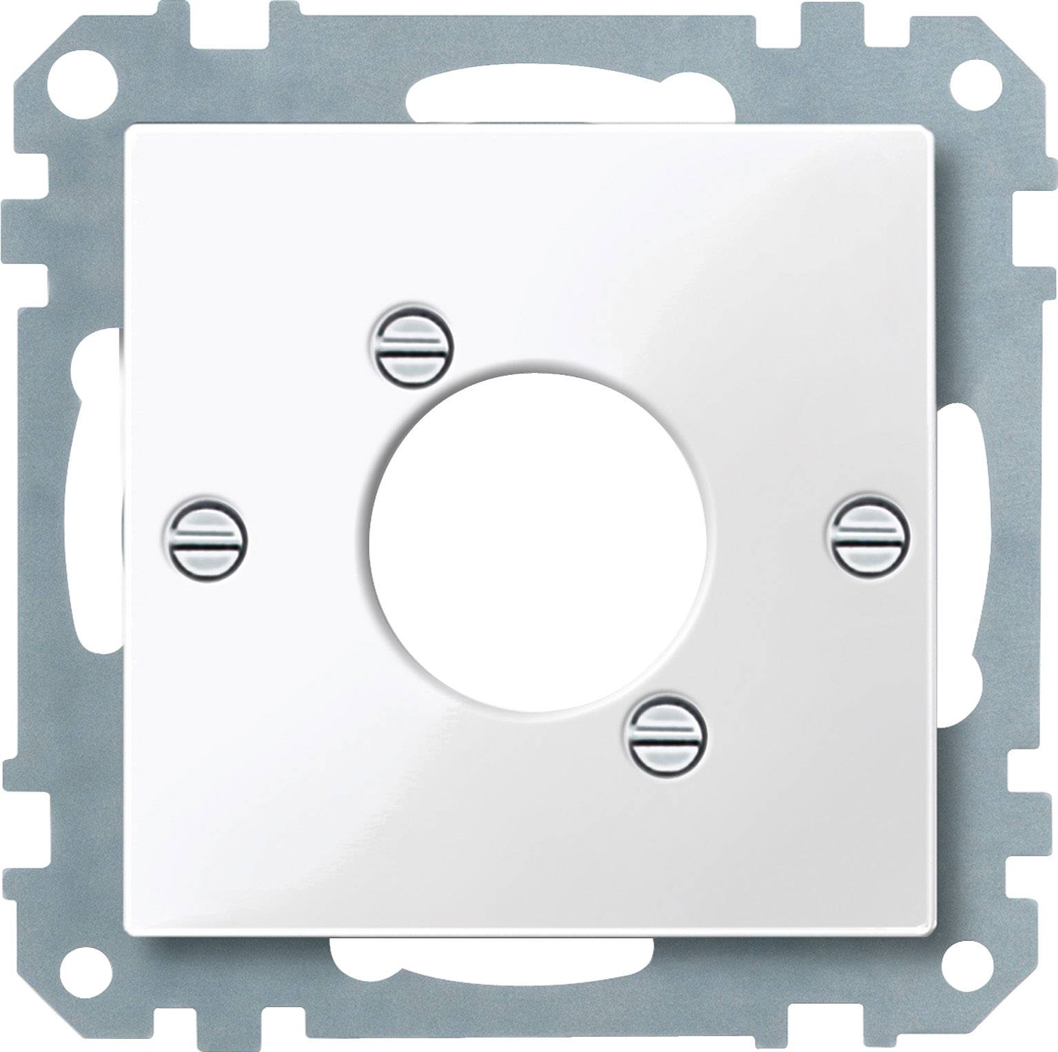 Plaque de couverture blanche pour interrupteur, avec quatre vis apparentes, un trou central, montée sur support métallique.