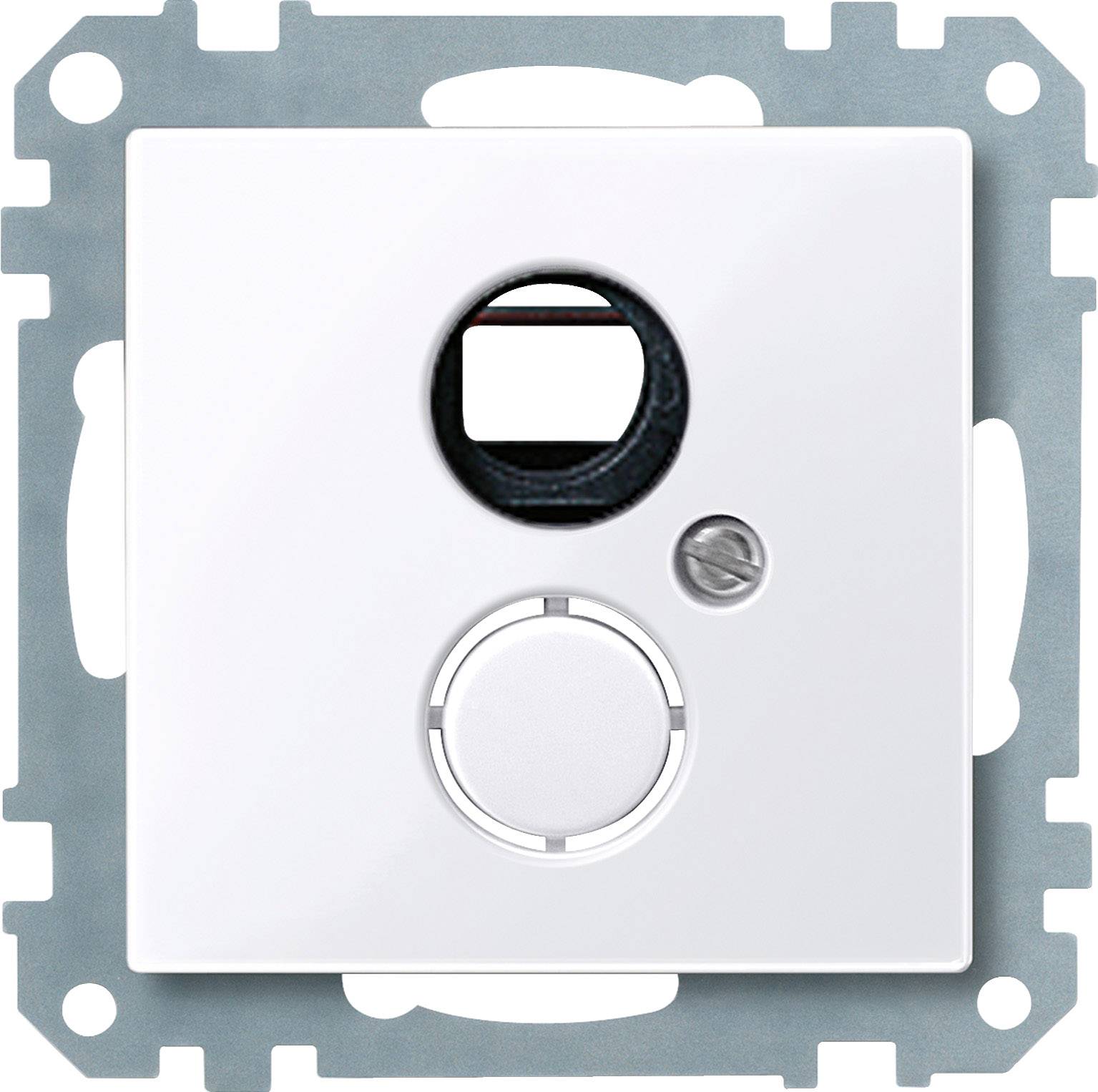 Un interrupteur blanc avec un bouton rotatif intégré et un petit capteur rectangulaire pour la mesure du temps.