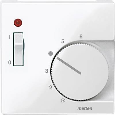 Un thermostat blanc avec un bouton rotatif. Une échelle de 0 à 6 est visible, le bouton est réglé sur 5. Un interrupteur se trouve à gauche.