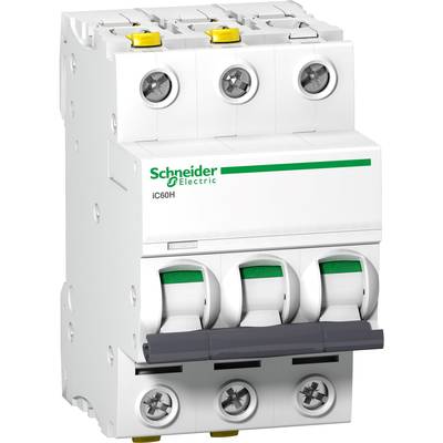 Disjoncteur tripolaire, avec des marquages jaunes et verts ; logo de marque 'Schneider Electric' visible.