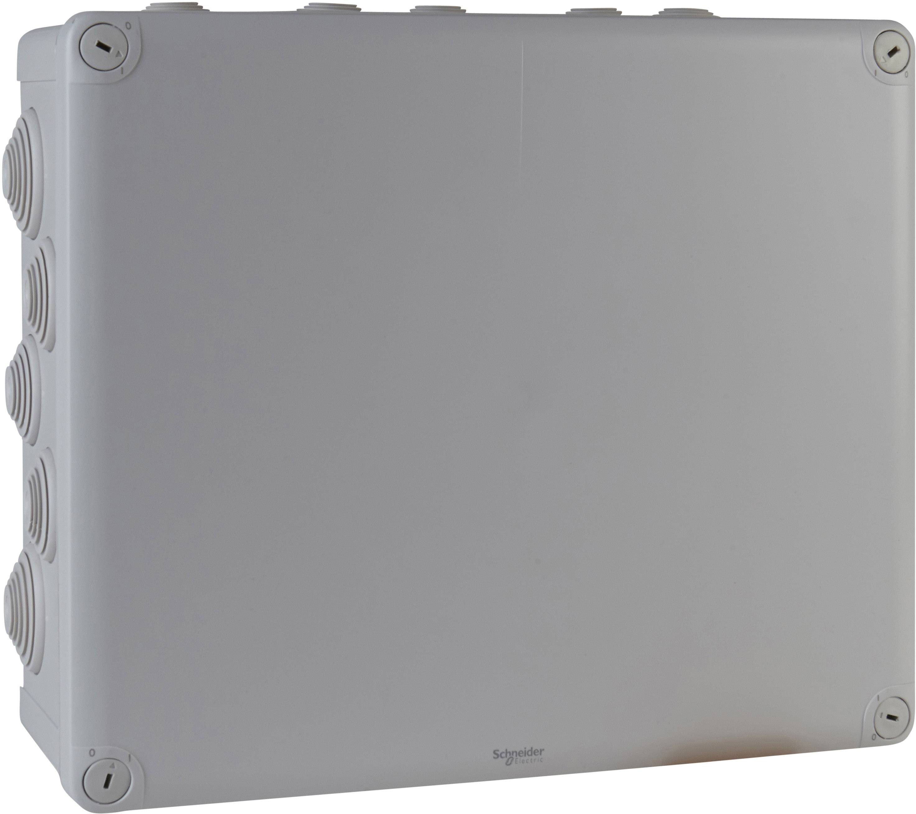Boîtier rectangulaire gris aux coins arrondis avec plusieurs passages de câbles circulaires sur les côtés.