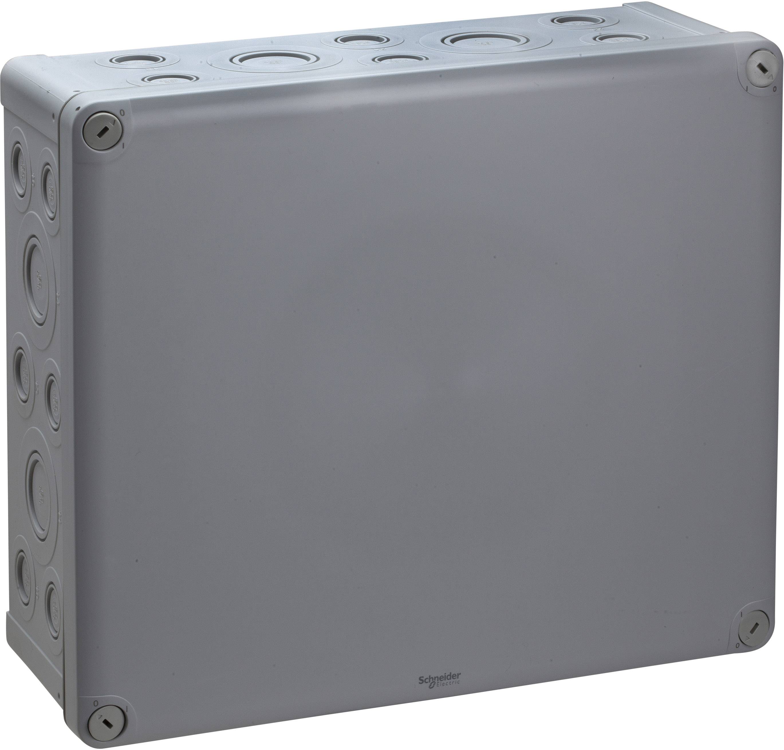 Un boîtier de raccordement rectangulaire gris avec des ouvertures prédécoupées sur les côtés et le dessus.