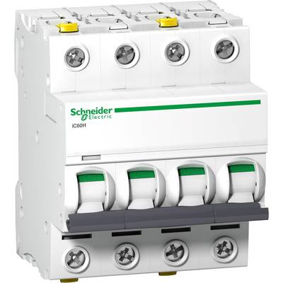 Disjoncteur de protection de ligne tétrapolaire avec inscription verte de 'Schneider Electric', quatre interrupteurs à bascule, couleur de boîtier blanche.