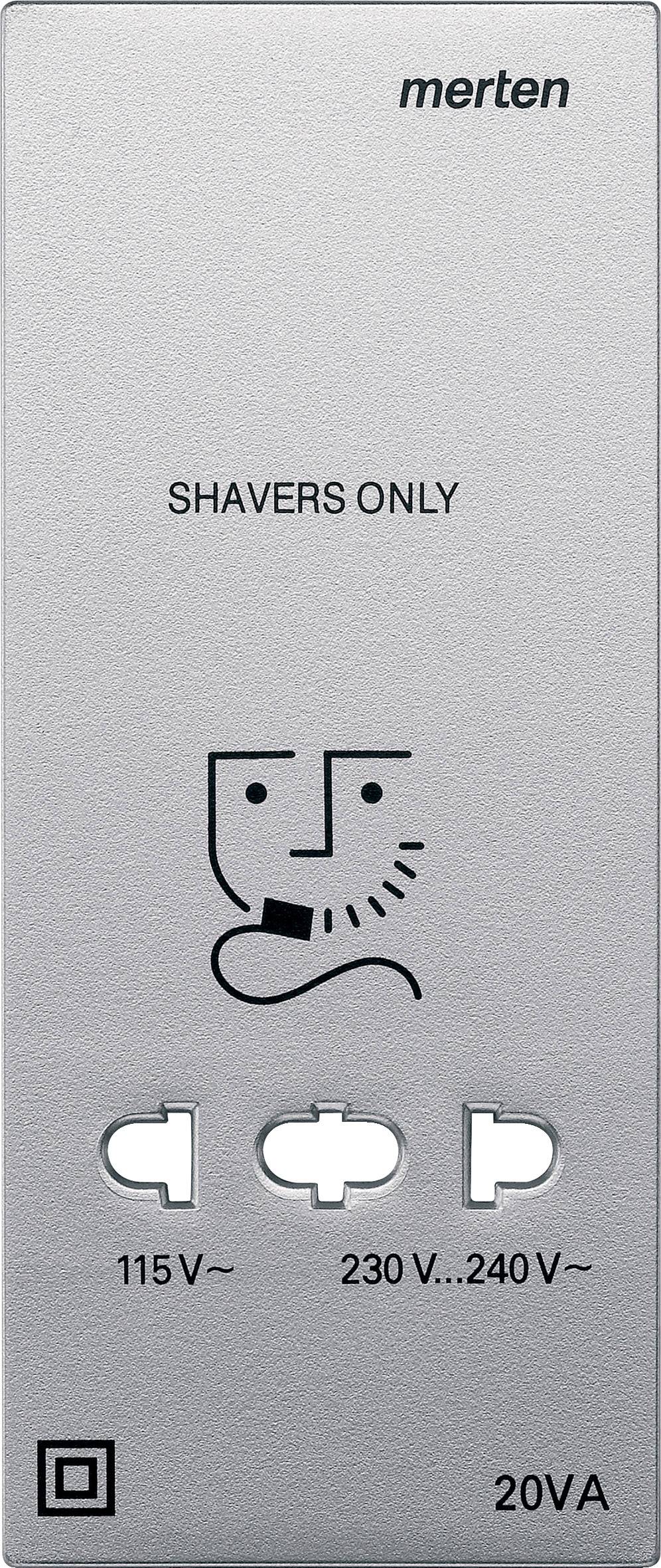 Prise électrique à deux options de tension (115 V et 230-240 V) uniquement pour rasoirs, avec un symbole de visage stylisé.