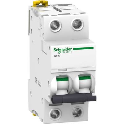 Un disjoncteur bipolaire de marque Schneider Electric, modèle iC60L, adapté pour la protection électrique et les circuits de sécurité.
