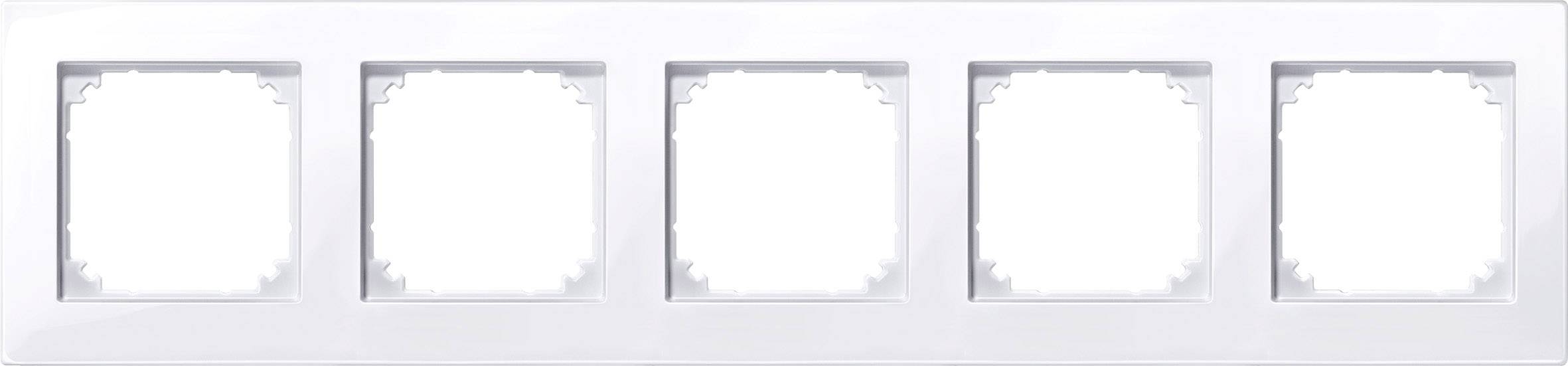 Cadre quintuple pour interrupteurs ou prises de courant, blanc, avec un espace intérieur vide destiné à recevoir des mécanismes de tailles normalisées.