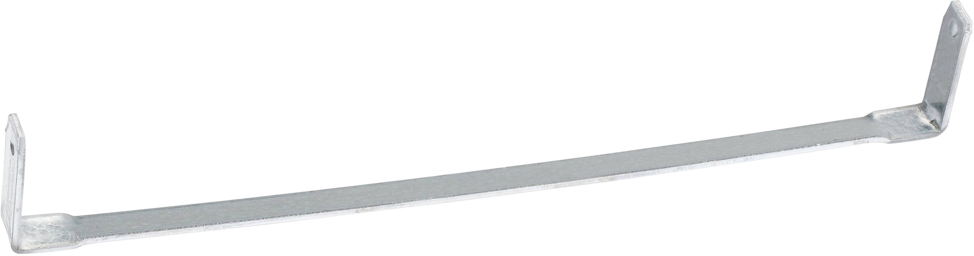 Équerre métallique, longue et plate, avec extrémités courbées et trou de fixation.