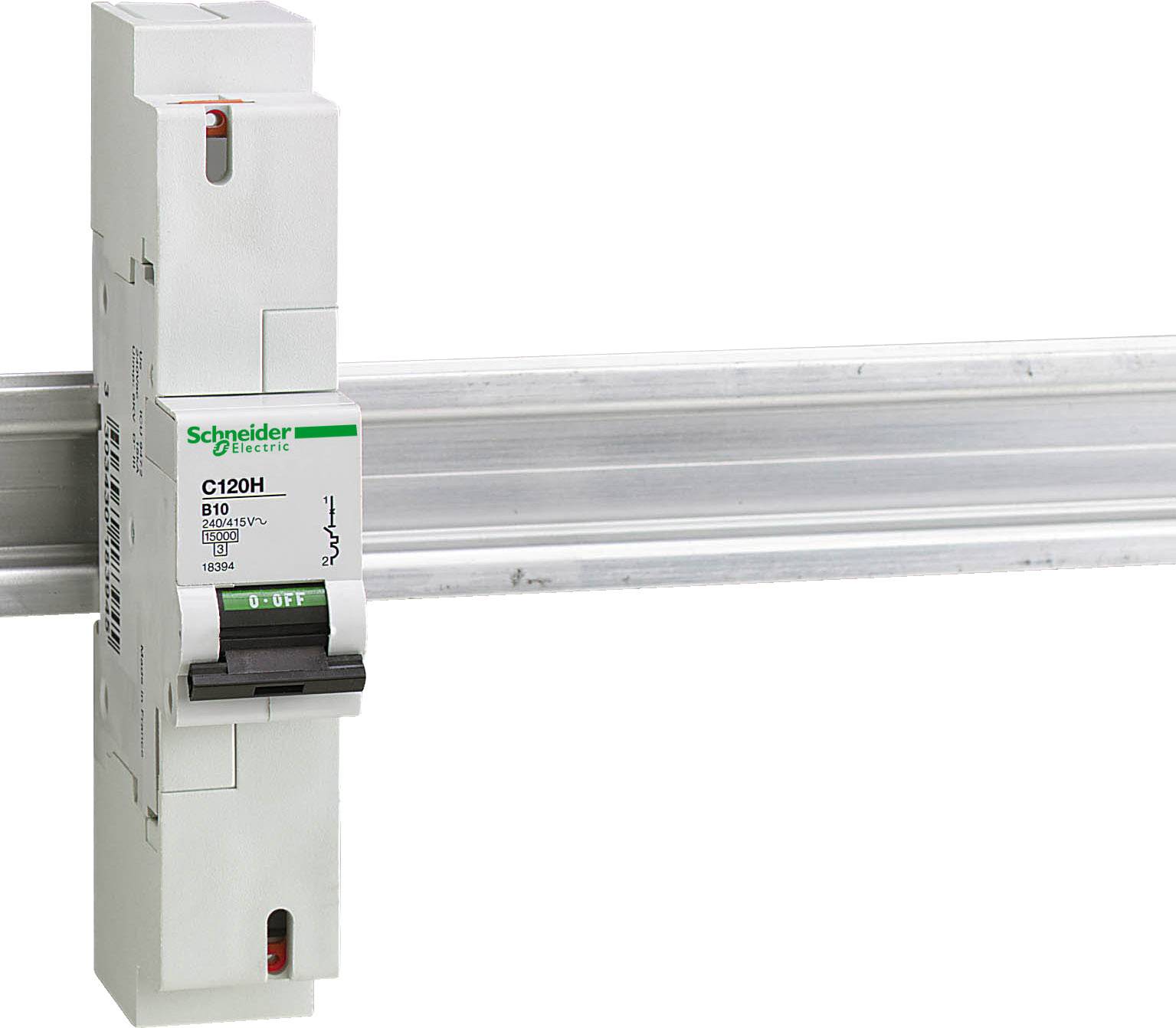 Disjoncteur monté sur un rail DIN. Il est de la marque Schneider Electric et porte la mention 'B10'.