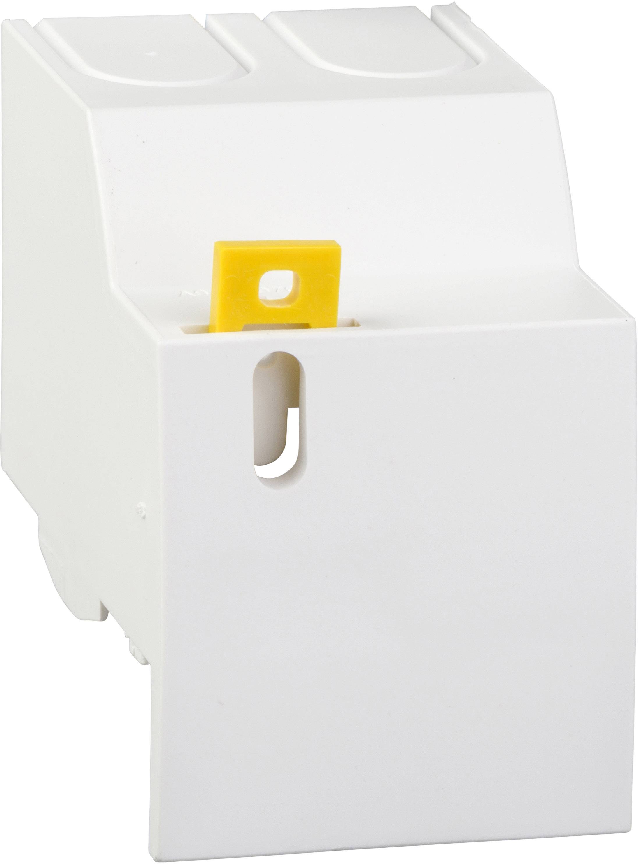 Un adaptateur électrique avec un fusible jaune en haut, adapté pour le montage sur un rail dans un coffret électrique.