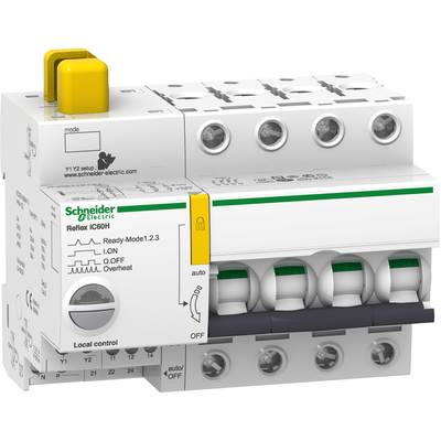 Appareil de commutation 'Schneider Electric Reflex iC60H' avec plusieurs interrupteurs, bouton jaune et étiquetage pour les modes de fonctionnement et le contrôle.