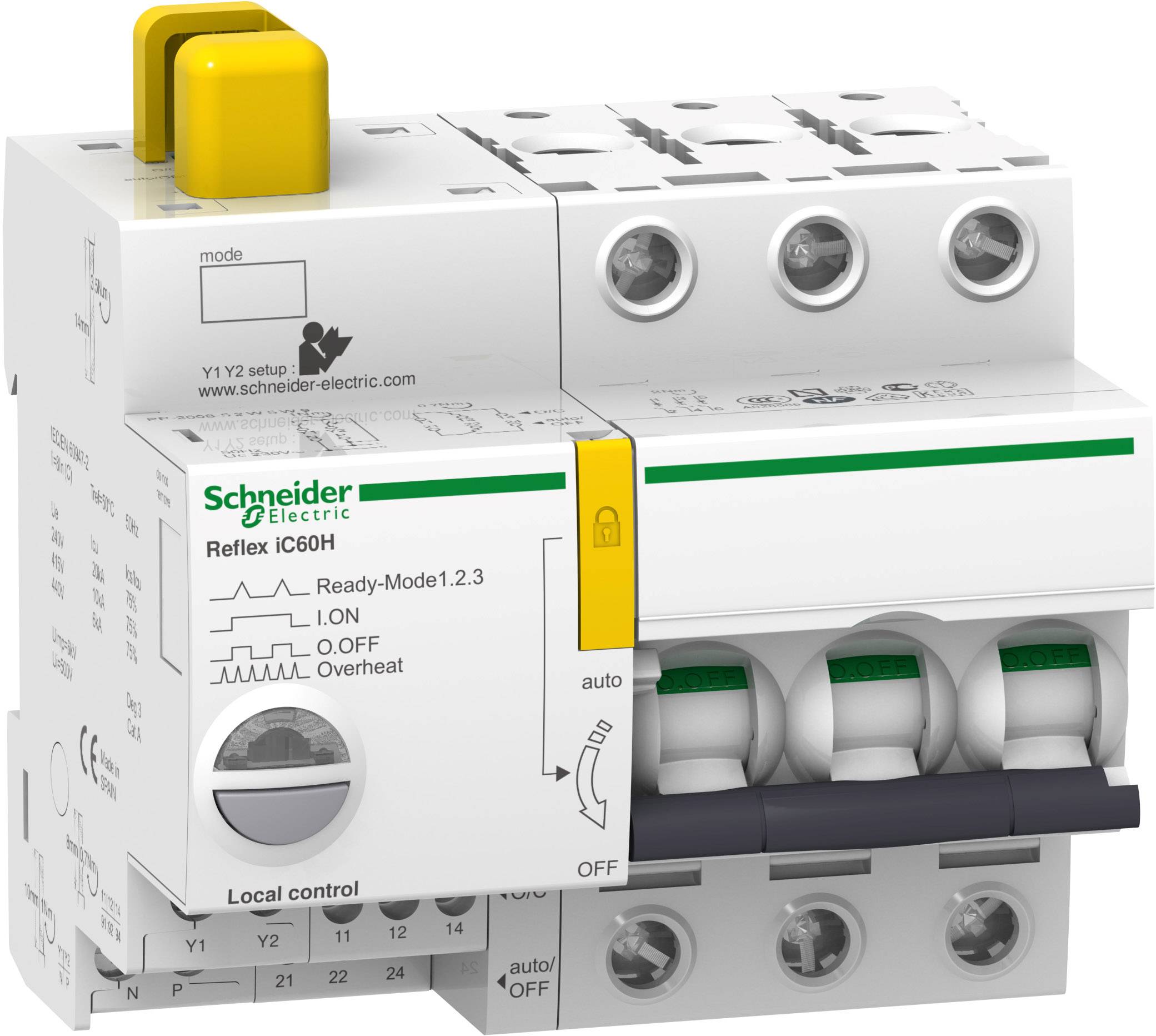 Un interrupteur modulaire de Schneider Electric, modèle Reflex iC60H, avec un commutateur jaune. Il montre les positions de commutation et les logos du produit.