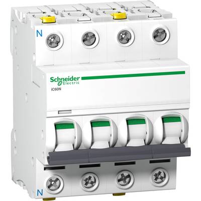 Un disjoncteur tripolaire Schneider Electric à quatre pôles, modèle 'iC60N', en blanc et gris.