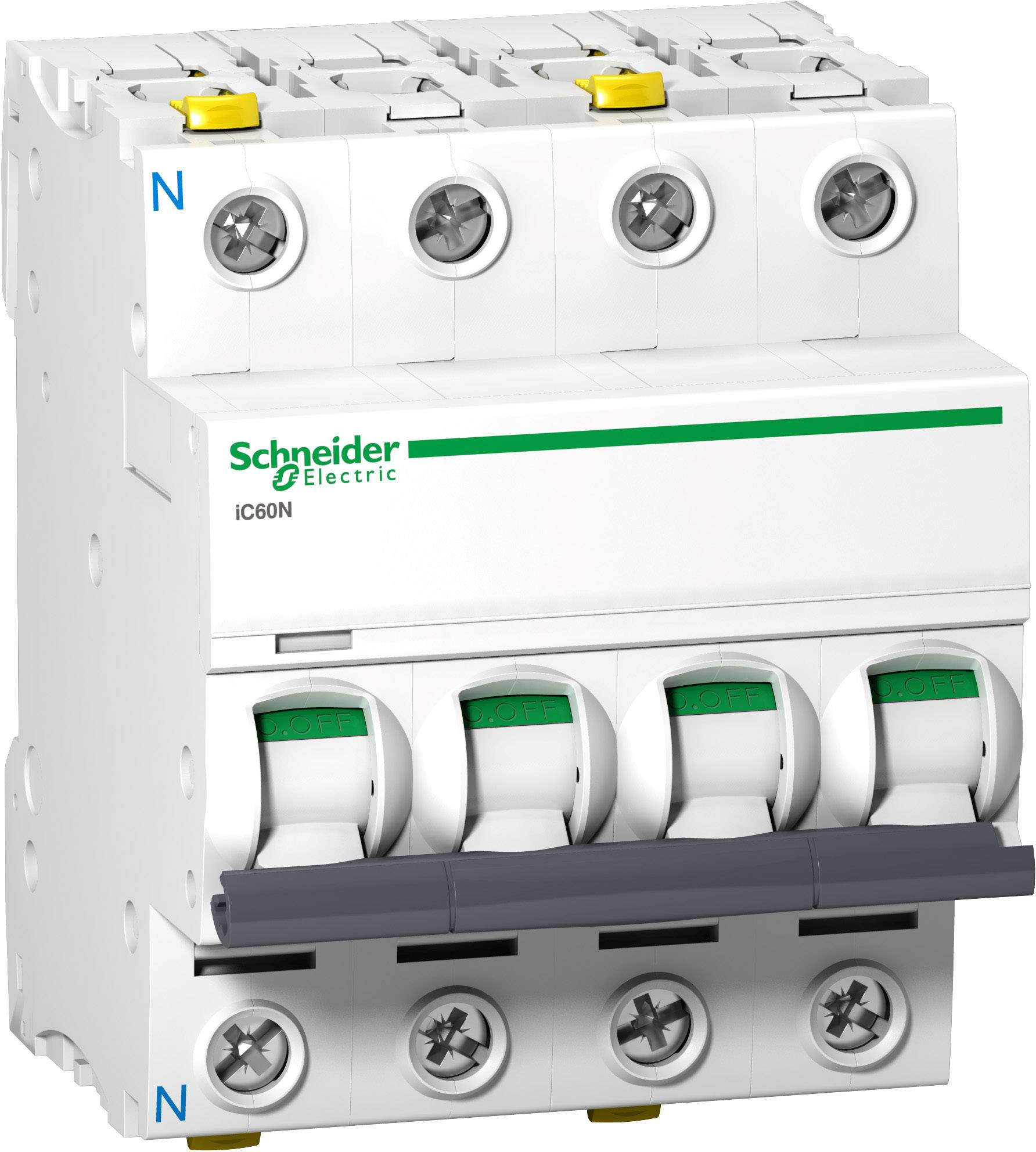 Disjoncteur électrique Schneider Electric à quatre interrupteurs à bascule, modèle 'iC60N', destiné au contrôle des circuits électriques.