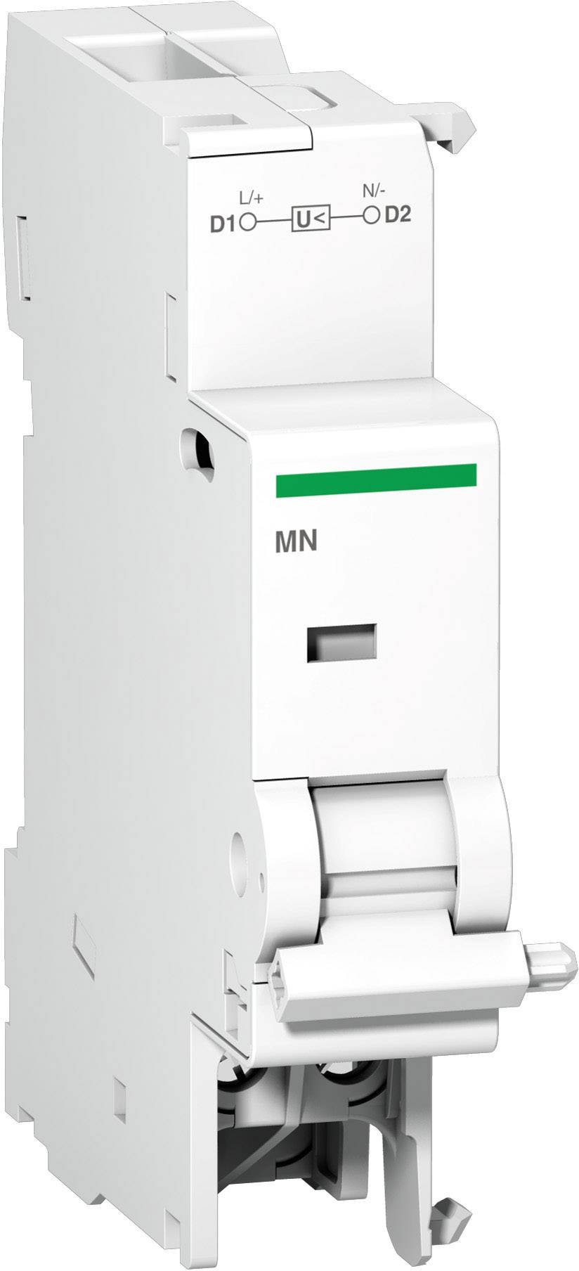 Un disjoncteur blanc avec un marquage vert sur la face avant. Sur le dessus, les bornes sont identifiables avec l'étiquetage 'L/+, △, N/-'.