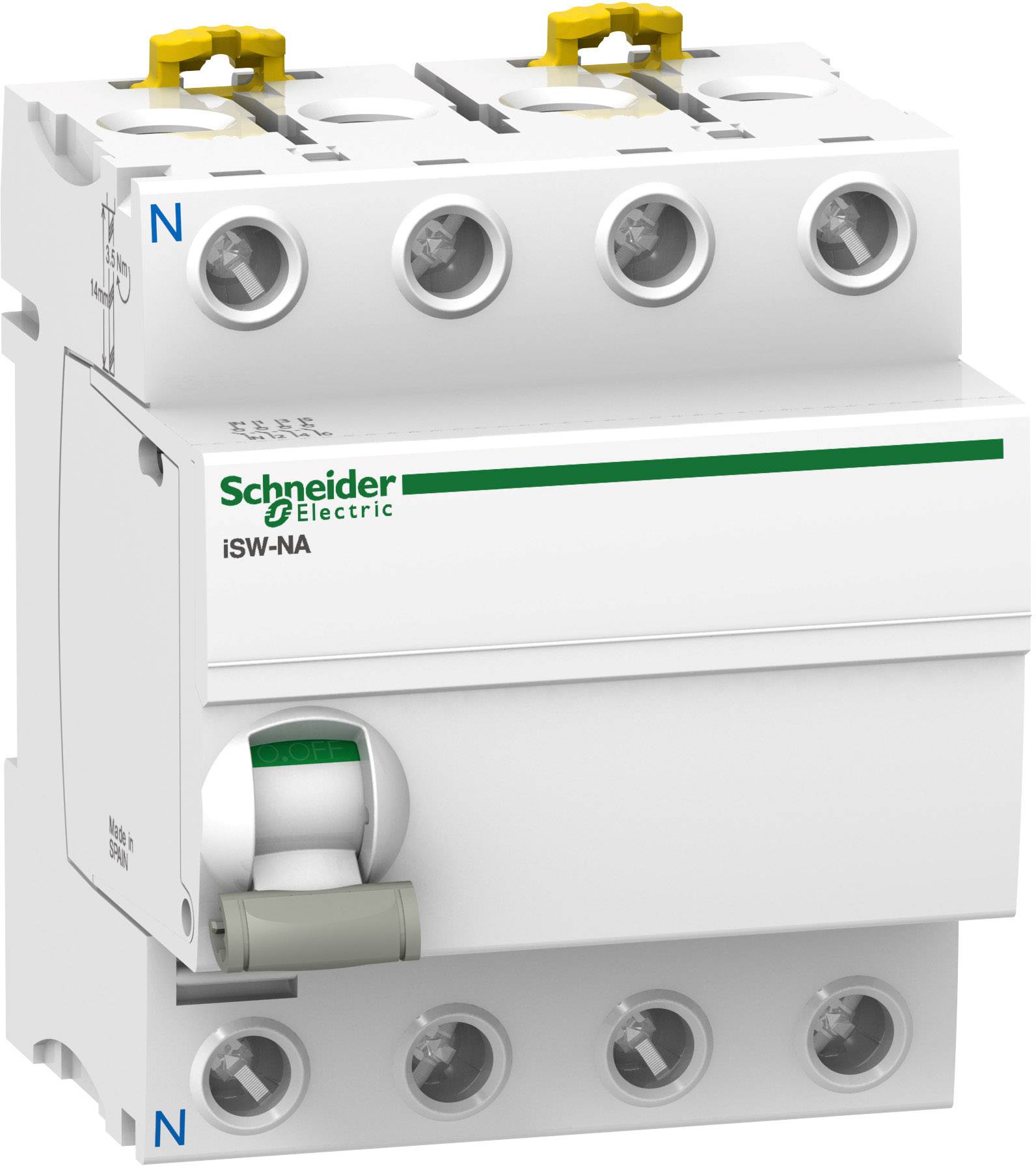 Interrupteur de Schneider Electric portant l'inscription 'iSW-NA', doté de quatre bornes avec des leviers jaunes distinctifs en haut.