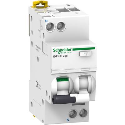 Un disjoncteur différentiel blanc de Schneider Electric, modèle 'iDPN H Vigi', avec bouton de test et bornes, utilisé pour la sécurité électrique.