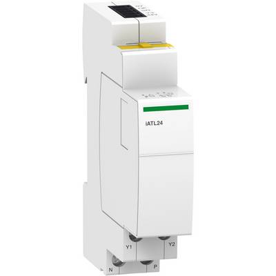Un dispositif électrique blanc et étroit portant l'inscription 'iATL24', reconnaissable à ses symboles et connexions pour une installation de montage.