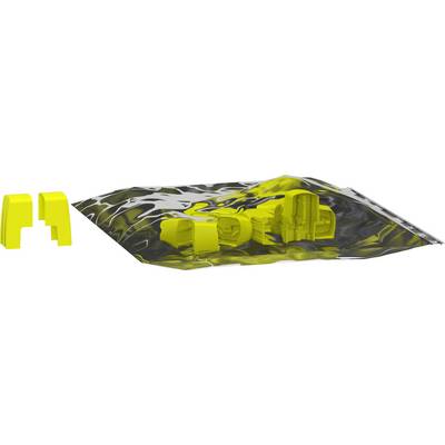 Des formes en plastique jaune reposent sur un film plastique brillant argenté.