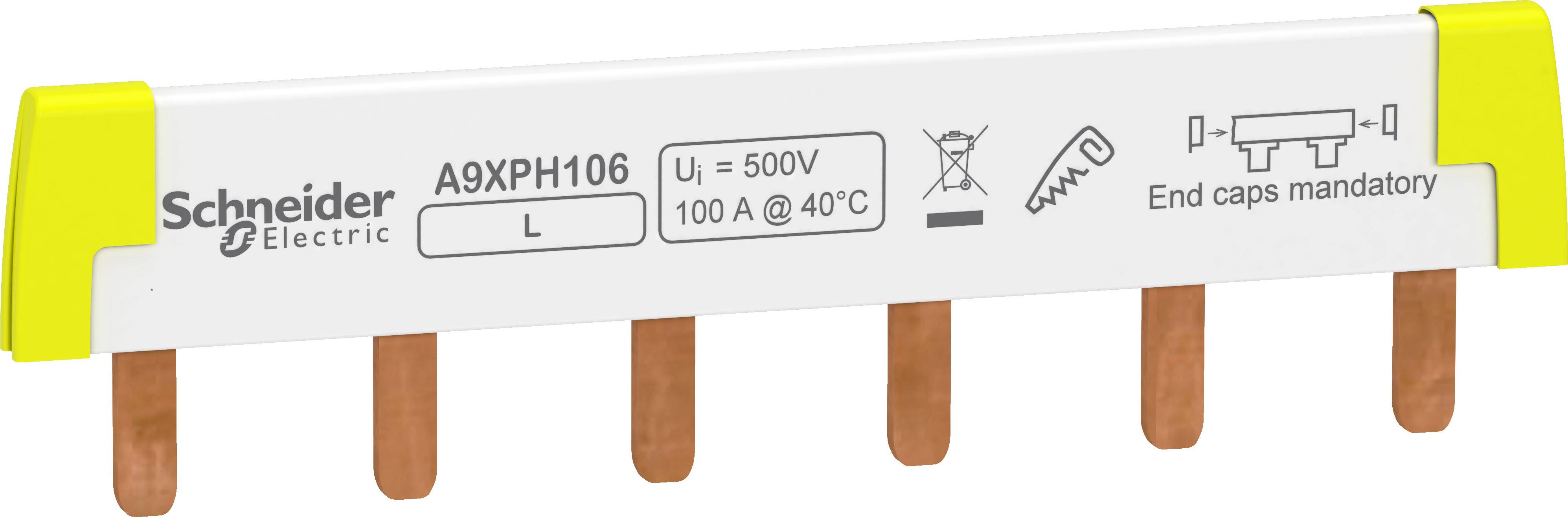 Connecteur de jeu de barres à six phases de Schneider Electric A9XPH106, tension de 500V et 100A à 40°C. Capots de terminaison requis.