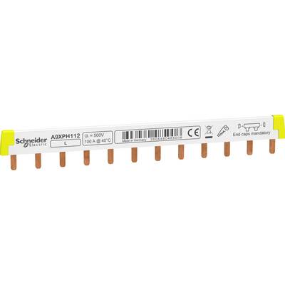 Une barre de phase de Schneider Electric, modèle A9XPH112, 500V, 100A, avec des symboles de sécurité et des codes-barres identifiables, nécessite des capuchons d'extrémité.
