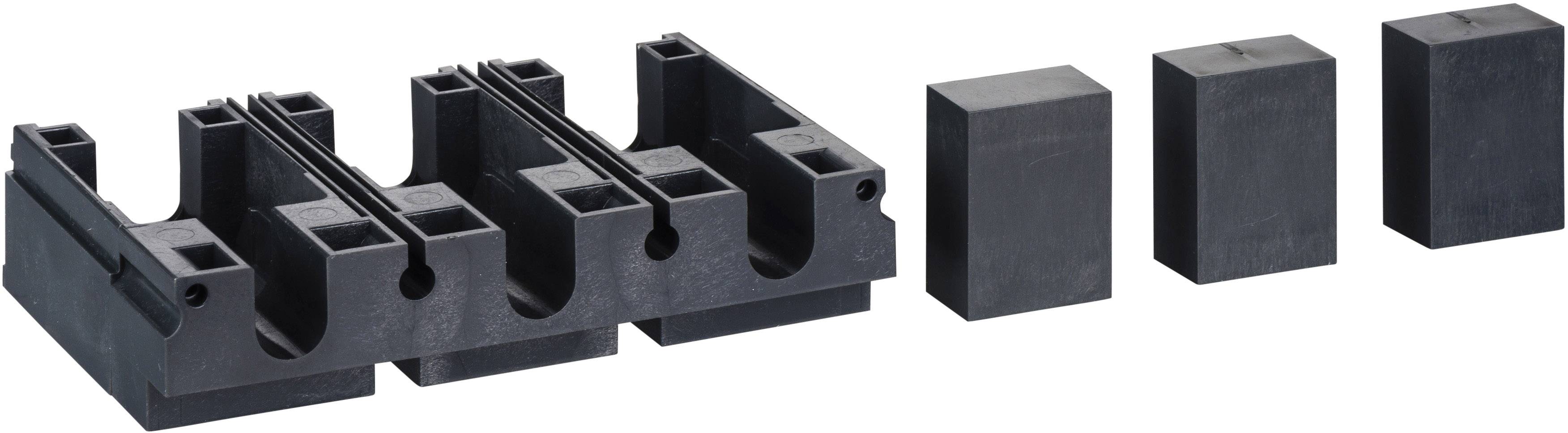 Un composant en plastique noir doté de trois connexions verticales enfichables, avec trois capots rectangulaires séparés à côté.