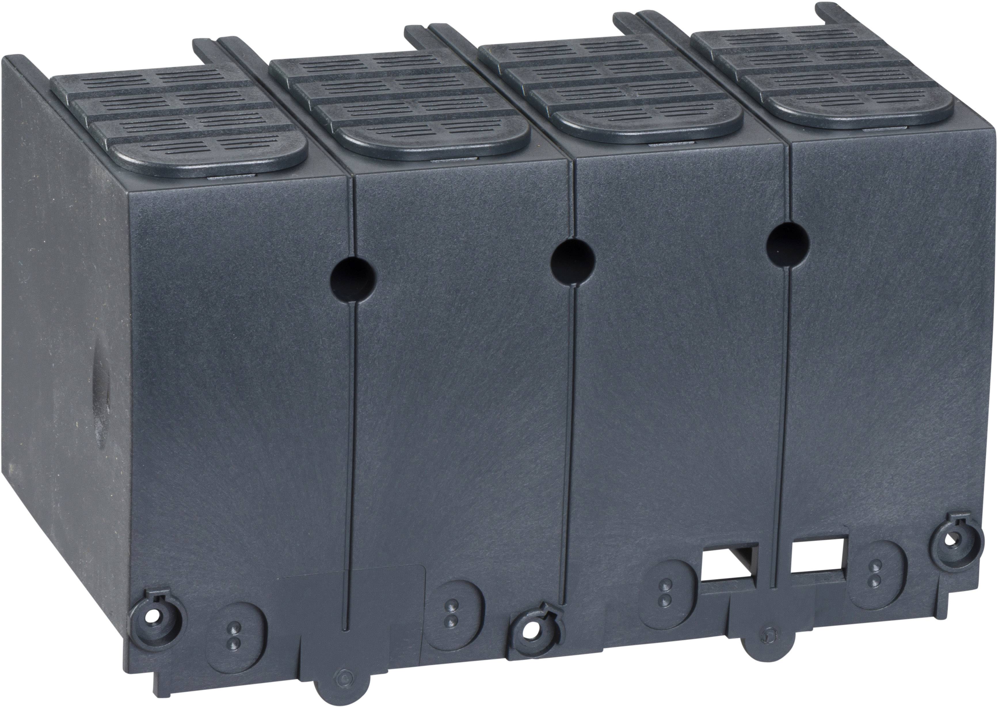 Boîte en plastique noir, rectangulaire, avec quatre compartiments séparés et de petites ouvertures rondes sur la face avant.