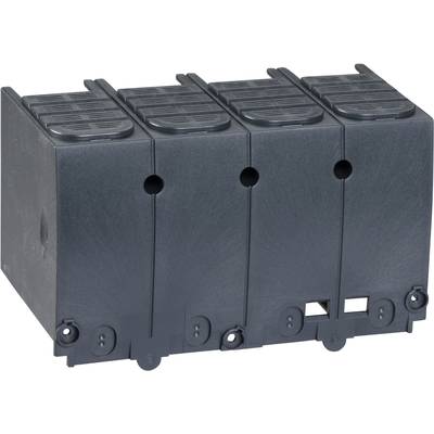 Boîte en plastique noir, rectangulaire, avec quatre compartiments séparés et de petites ouvertures rondes sur la face avant.