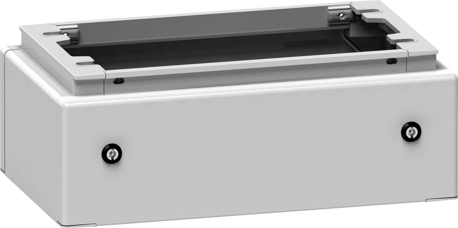 Un boîtier rectangulaire gris avec deux vis latérales pour la fixation, adapté aux installations électriques.