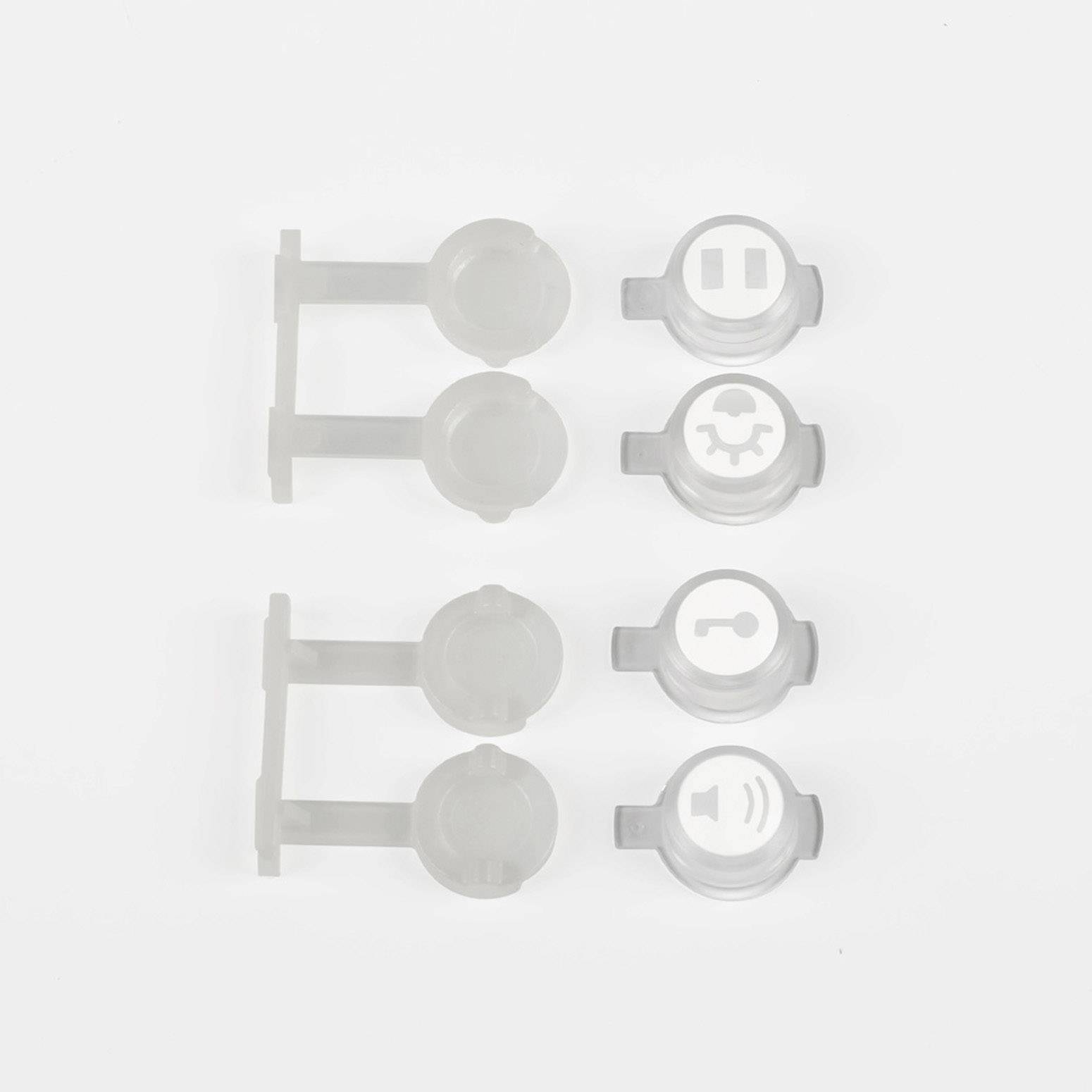 Trois sceaux de sécurité blancs de forme circulaire sur un fond blanc, avec des emojis symboliques : point d'exclamation, yeux endormis, casque audio.