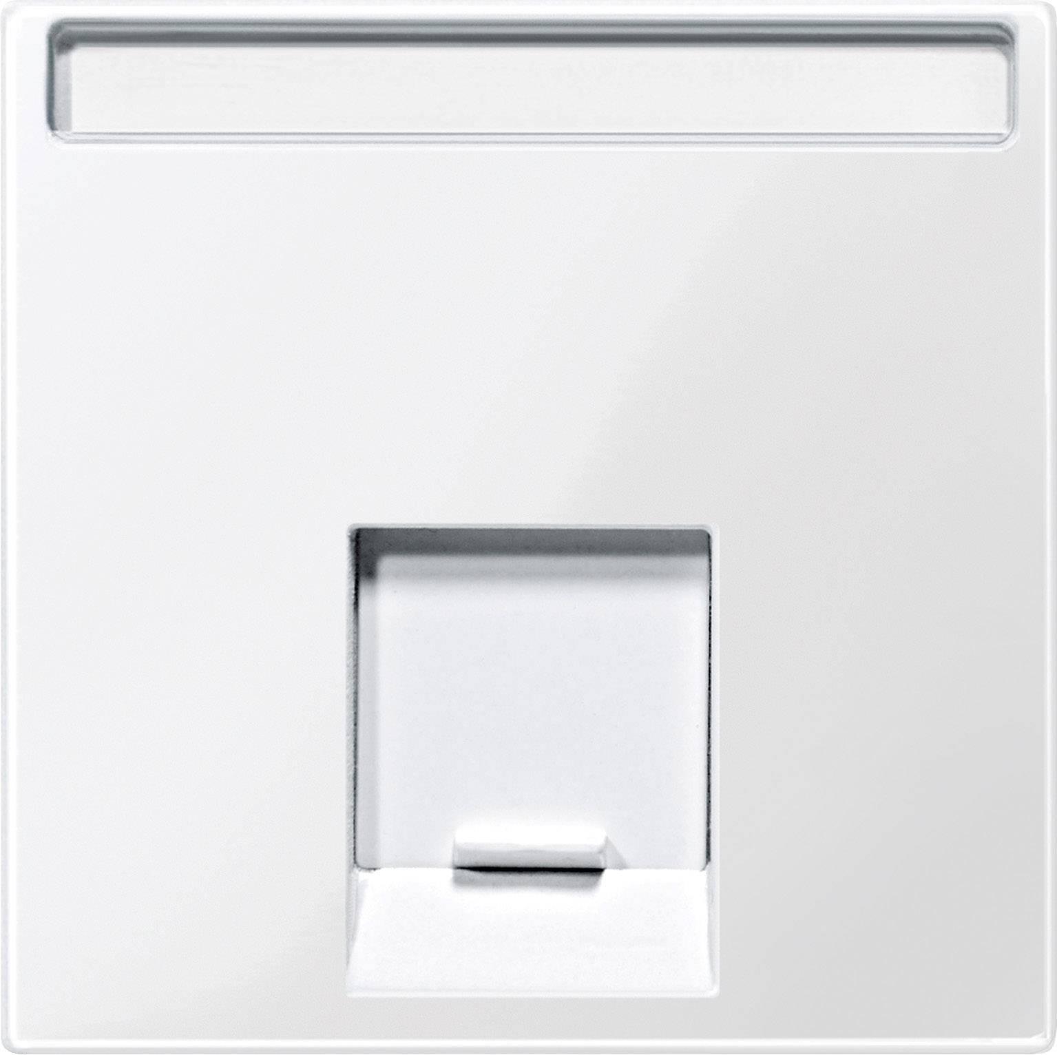 Un connecteur réseau blanc avec un mécanisme de couverture au centre d'un panneau blanc.