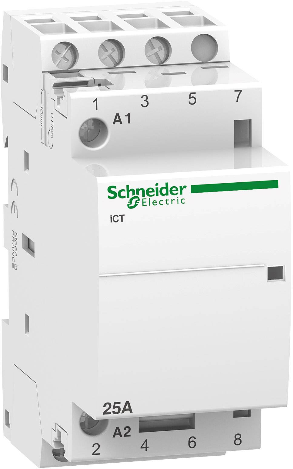 Un disjoncteur blanc de Schneider Electric avec l'inscription verte 'iCT', présentant des bornes techniques et dimensionné pour 25A.