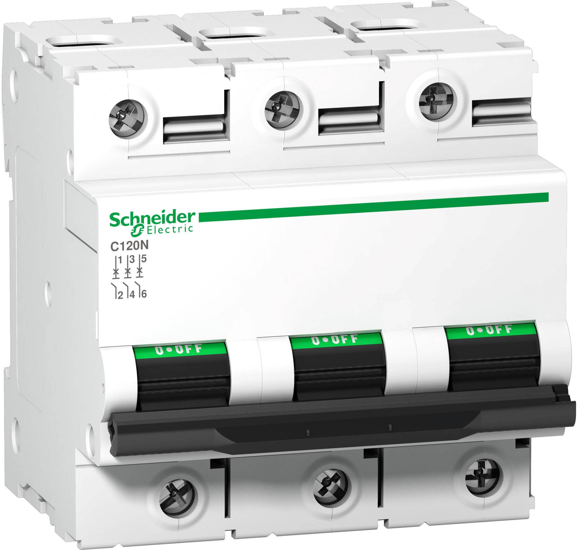 Un disjoncteur tripolaire Schneider Electric, modèle C120N, avec des leviers de commande verts et des inscriptions sur la face avant.