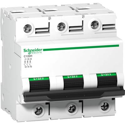 'Disjoncteur tripolaire de Schneider Electric, modèle C120H, adapté pour la protection dans les installations électriques.'