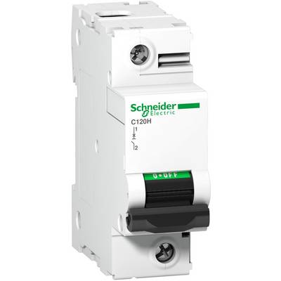 Disjoncteur de Schneider Electric, type C120H. Interrupteur principal avec levier vert et noir, positionné sur '0-OFF'.