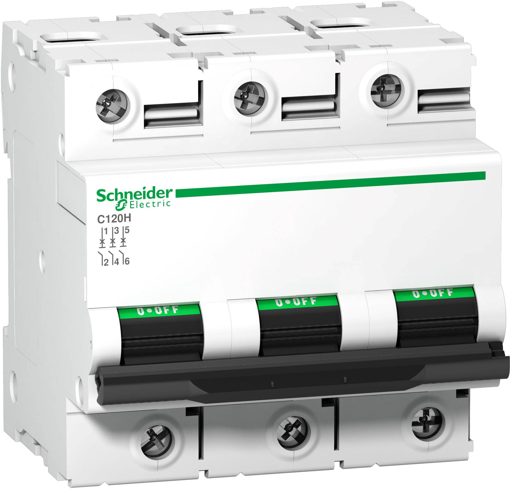 Un disjoncteur tripolaire de Schneider Electric, modèle C120H, 63 ampères, adapté à la protection des circuits électriques.