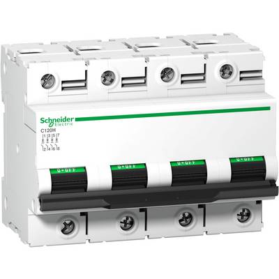 Un disjoncteur blanc Schneider Electric, modèle C120H, avec cinq interrupteurs à bascule, numérotés de 1 à 5 et portant des marquages verts.