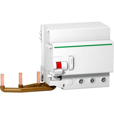 Un dispositif électrique blanc avec une bande verte et un interrupteur rouge, monté sur un support métallique avec trois bornes en cuivre.