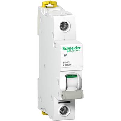 Un interrupteur électrique blanc de Schneider Electric avec un logo vert. Étiqueté : 'ON', 'OFF'. L'interrupteur est en position 'OFF'.