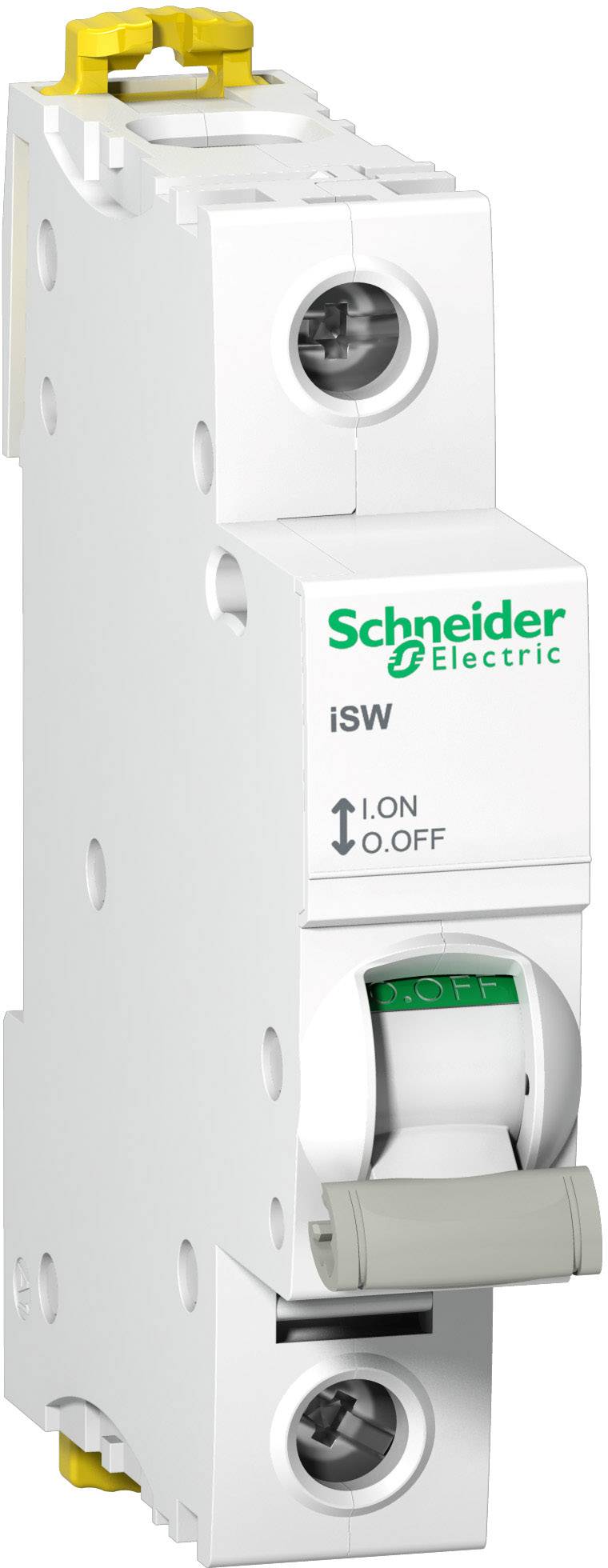 Un disjoncteur unipolaire de Schneider Electric, modèle 'iSW', avec un levier vert et l'inscription 'I.ON, O.OFF'.