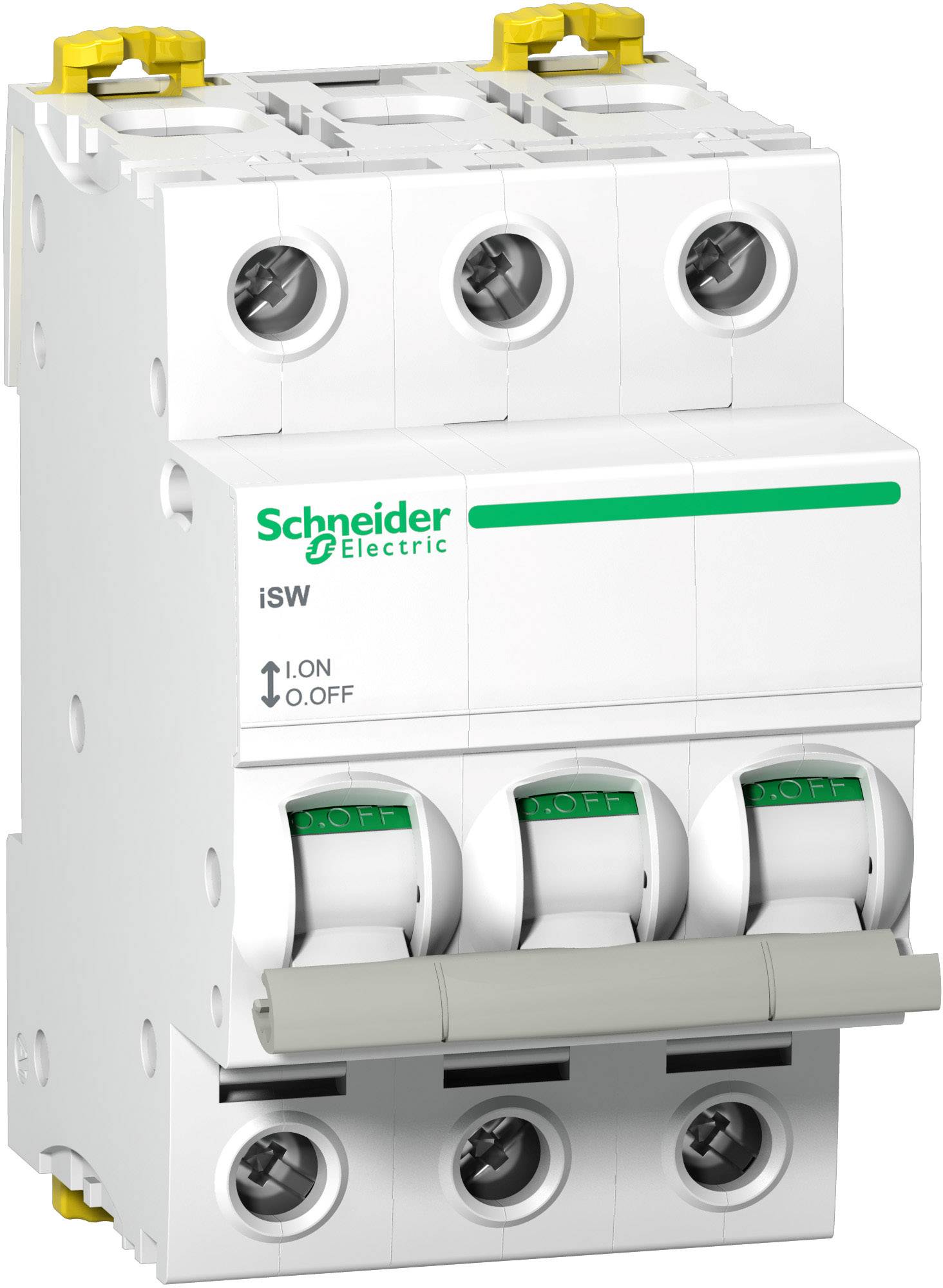 Un disjoncteur tripolaire Schneider Electric, modèle "iSW", avec interrupteur marche/arrêt pour la sécurité des circuits électriques.
