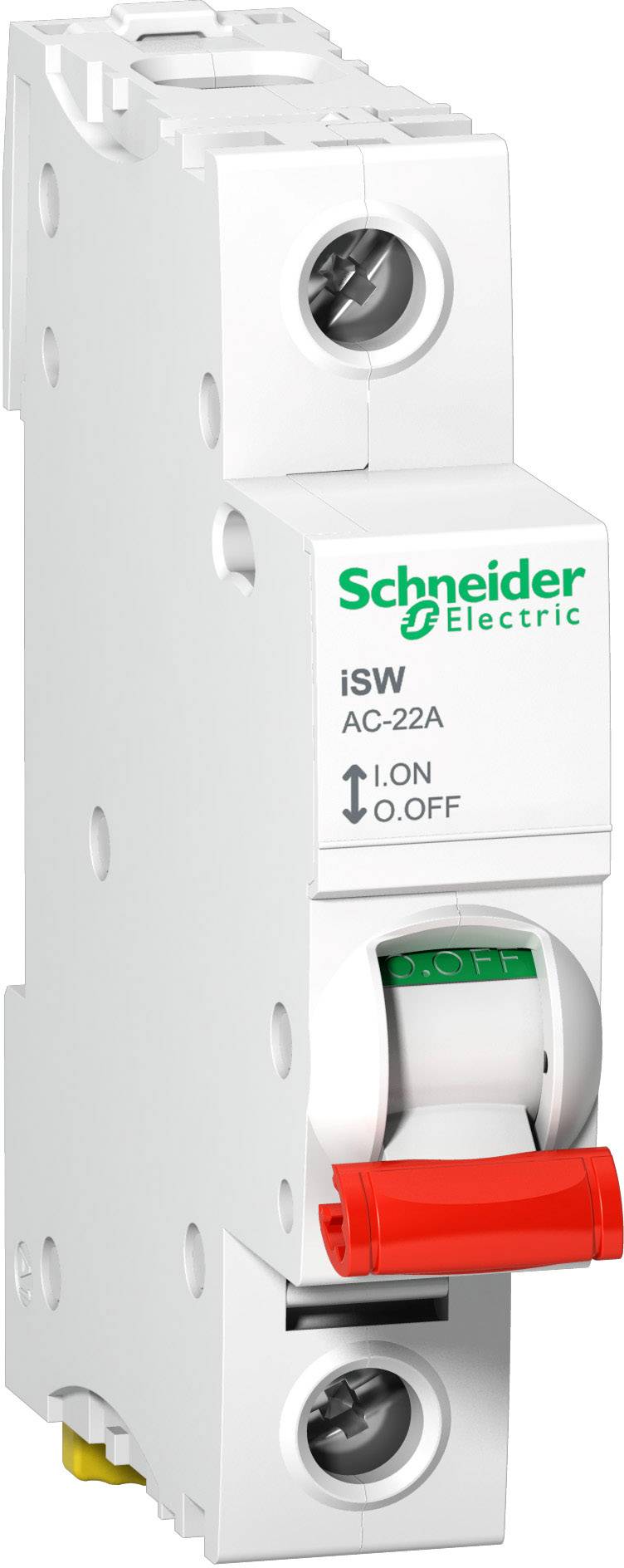 Un disjoncteur blanc de Schneider Electric avec des positions de commutation 'I ON' et 'O OFF', levier rouge et inscription de marque en vert.
