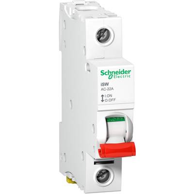 Un disjoncteur blanc de Schneider Electric avec un bouton rouge portant les inscriptions 'ON' et 'OFF', modèle iSW AC-22A.